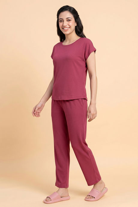 Zivame Seersucker Knit Cotton Pyjama Set - Red Violet — image 3